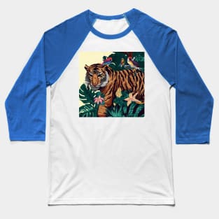 A design inspired by the lush and exotic landscapes of the jungle, featuring animals such as tigers, monkeys, and parrots. Baseball T-Shirt